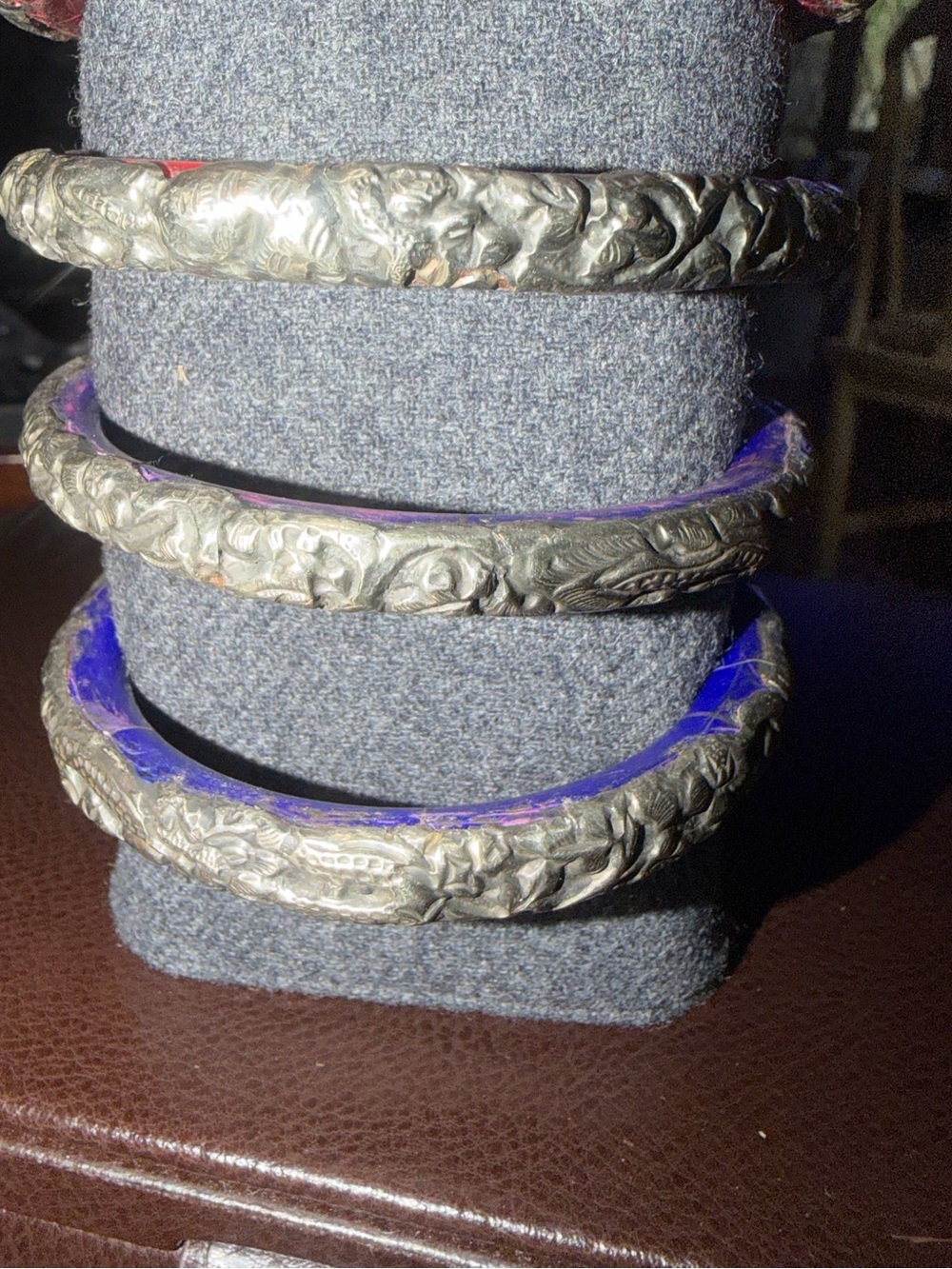 Pair Tibetan Silver Handcrafted Floral Relief Metal Bangle Set Bottom 2 Purple